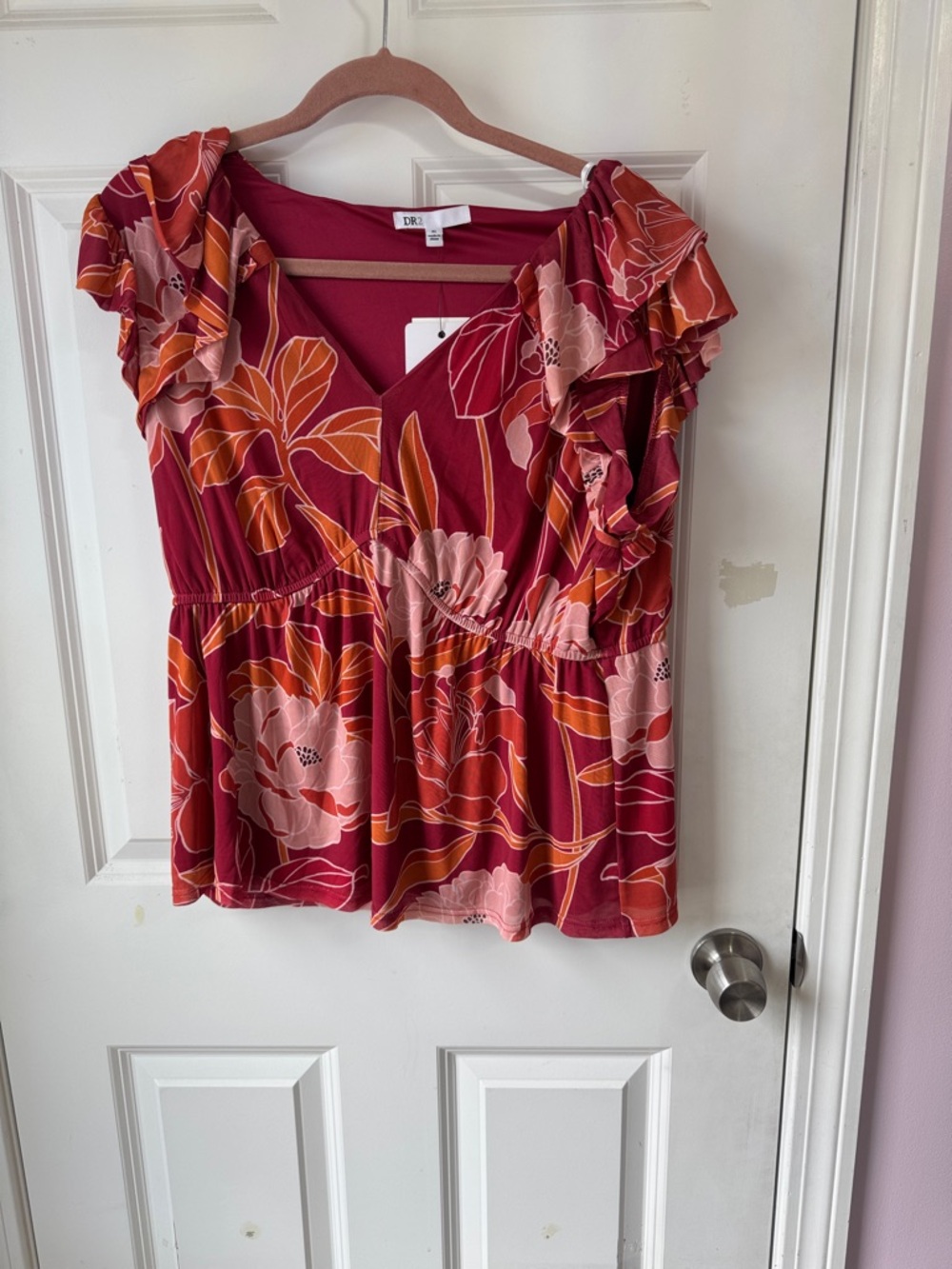 DR2 Floral Ruffle V-Neck Top in Berry and Peach